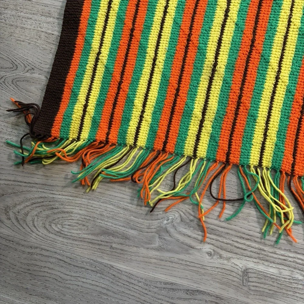 70s Vtg Diamond‎ Crochet Knitted Afghan Blanket Brown Orange Retro Handmade